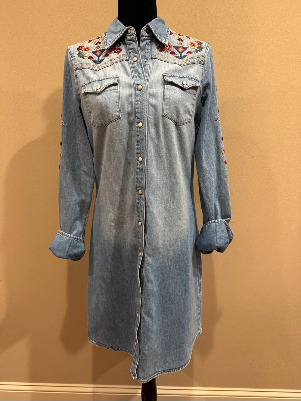 Stetson Light Blue Denim Long Sleeve Embroidered Shirt Dress - Picture 1 of 3